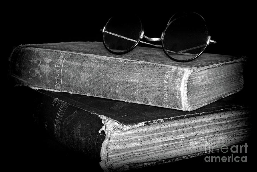 Antique Books Antique Glasses black and white Photograph by Paul Ward