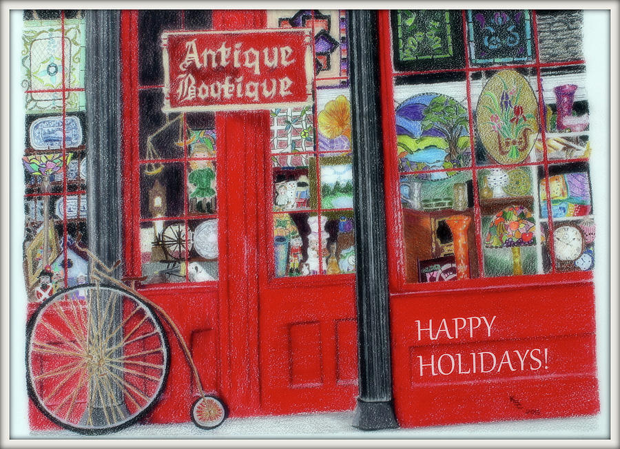 Antique Boutique Holidays Drawing by Kathy Crockett
