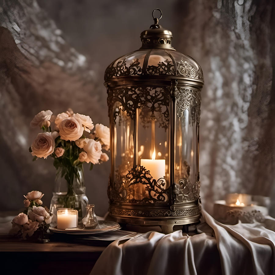 Antique Candle Lantern With Roses Digital Art