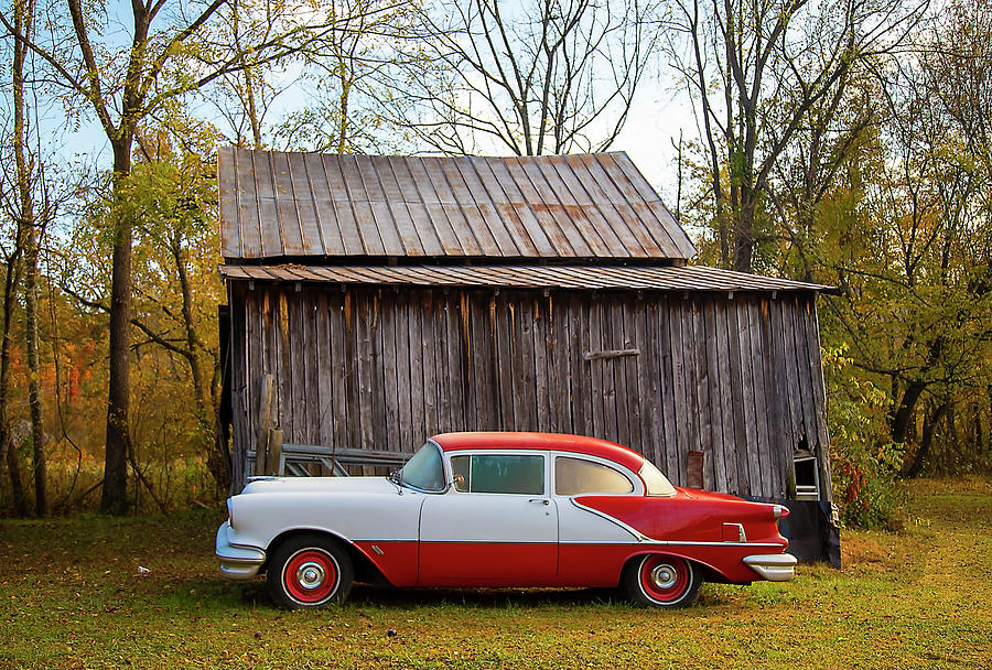 Antique Car against barn, Smoky Mountains Photograph by Dart Humeston