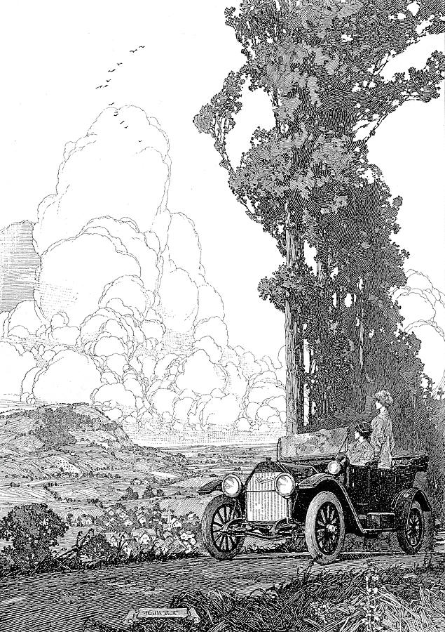 Antique Car at an Overlook by Franklin Booth Drawing by DK Digital