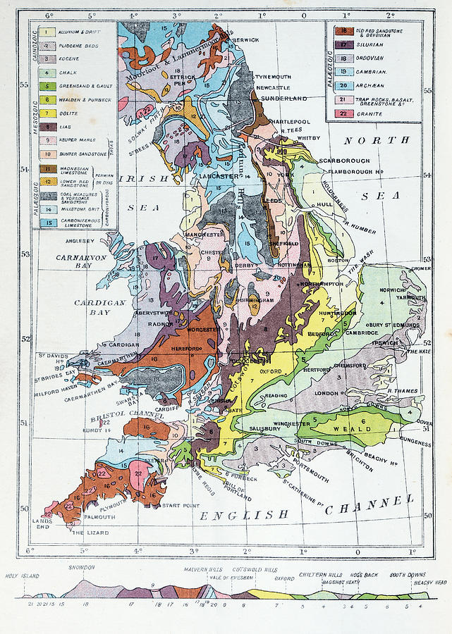 Antique colored illustrations: Geological map of England and Wales Drawing by Ilbusca