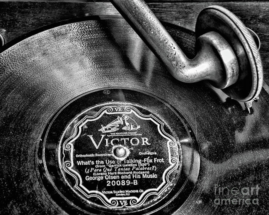 Music Photograph - Antique Columbia Grafonola Record Player black and white by Paul Ward
