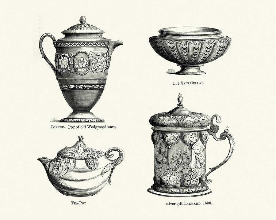 Antique crockery Coffee pot, Teapot, Salt cellar, Tankard Drawing by Duncan1890