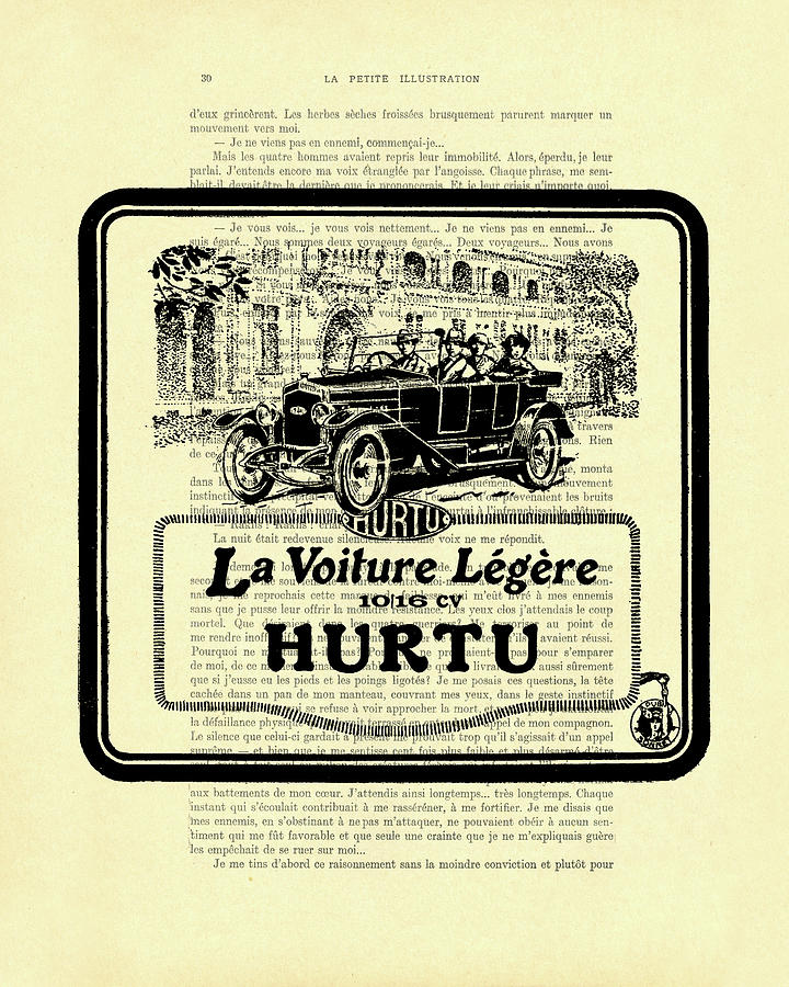 Black And White Digital Art - Antique Hurtu oldtimer ad on a French book page by Madame Memento