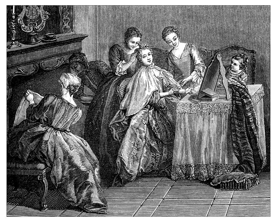 Antique illustration of young womens toilette at the dressing table Drawing by Ilbusca