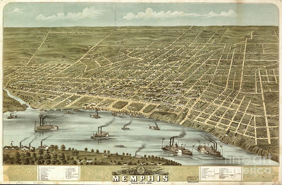 Antique map Bird's eye view of the city of Memphis, Tennessee 1870 ...