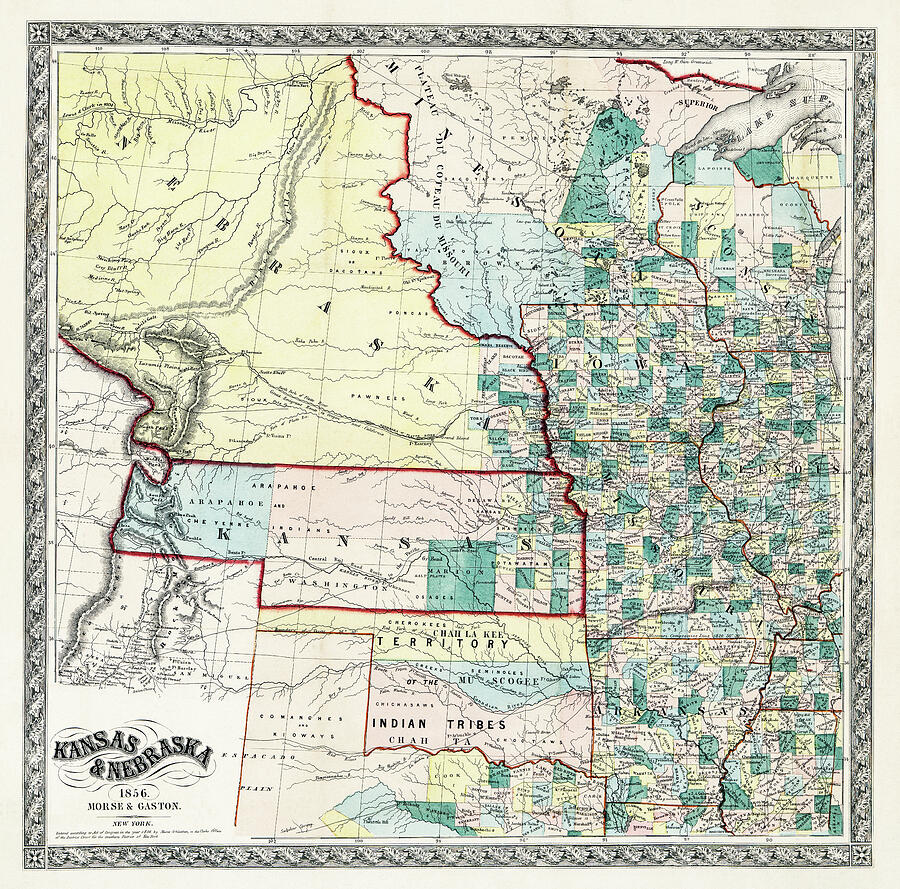 Kansas Map Photograph - Antique Map Kansas and Nebraska 1856 by Carol Japp