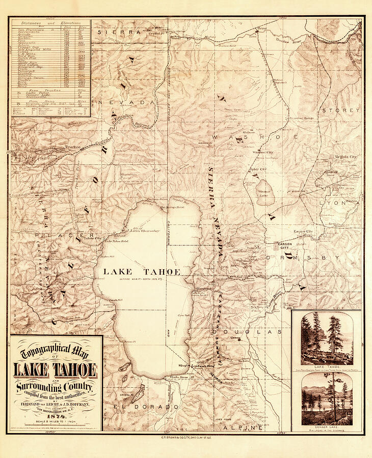 Antique Map Lake Tahoe 1874 Drawing by Joseph S Giacalone
