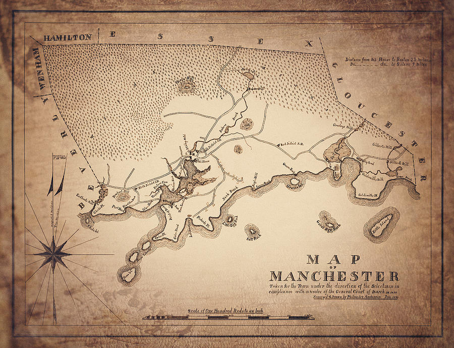 Vintage Photograph - Antique Map Manchester Massachusetts 1830 Sepia  by Carol Japp