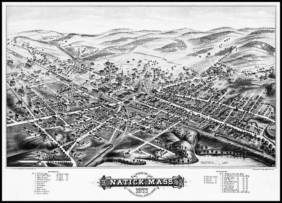 Vintage Photograph - Antique Map Natick Massachusetts Birds Eye View 1877 Black and White  by Carol Japp