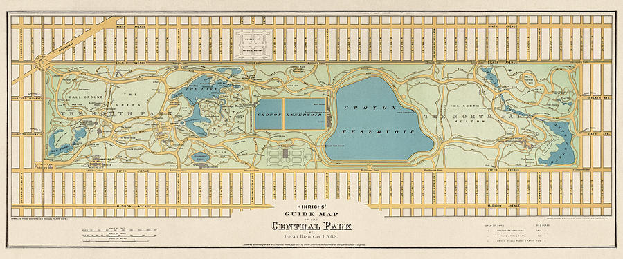 Antique Map of Central Park New York City by Oscar Hinrichs - 1875 Drawing by Blue Monocle