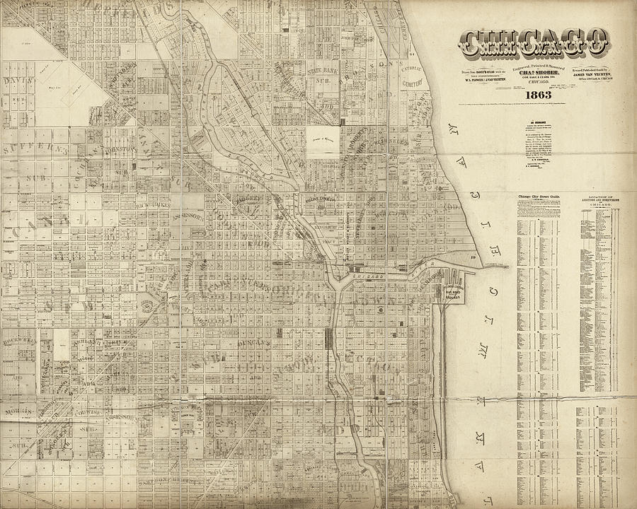 Chicago Drawing - Antique Map of Chicago, Illinois, 1863 by Blue Monocle