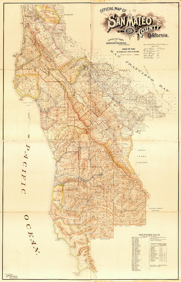 Antique Map of San Mateo County - 1894 Drawing by Joseph S Giacalone