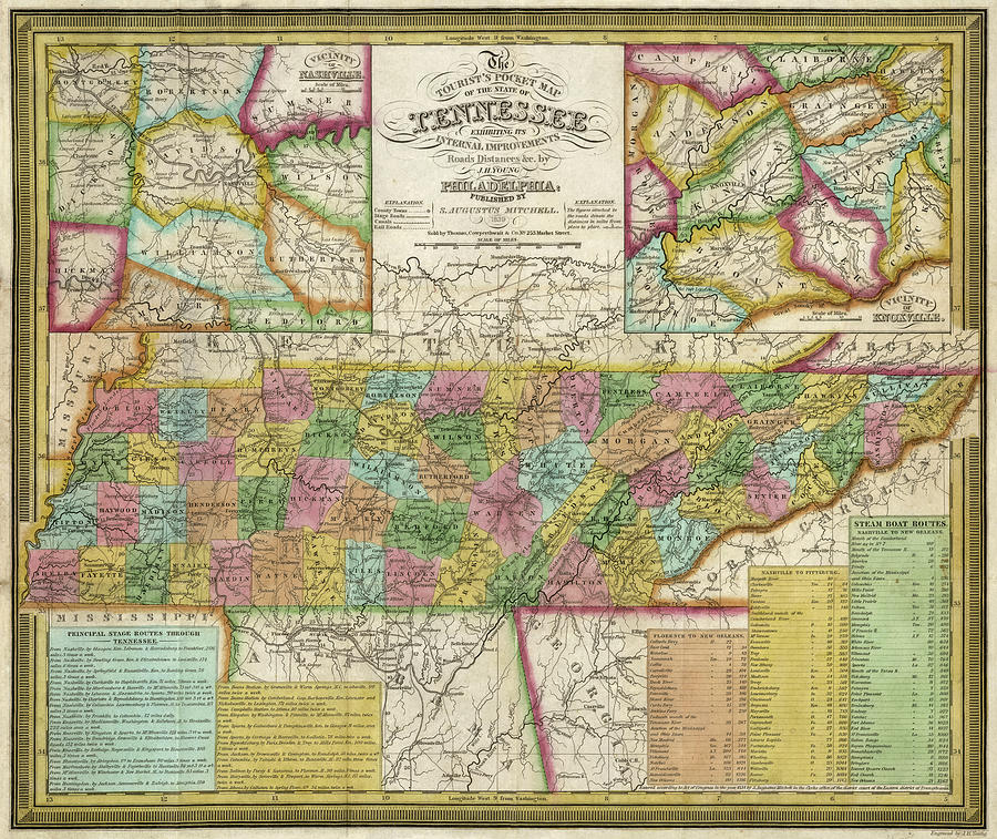 Antique Map of Tennessee, 1839 Drawing by Blue Monocle