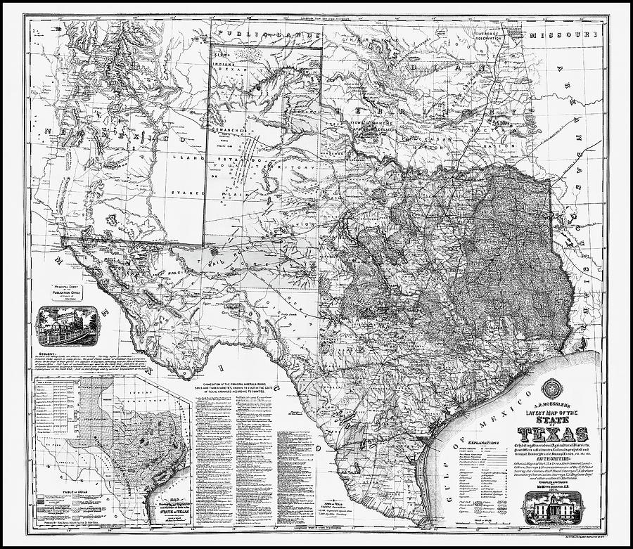 Texas Map Photograph - Antique Map of Texas 1874 Black and White  by Carol Japp