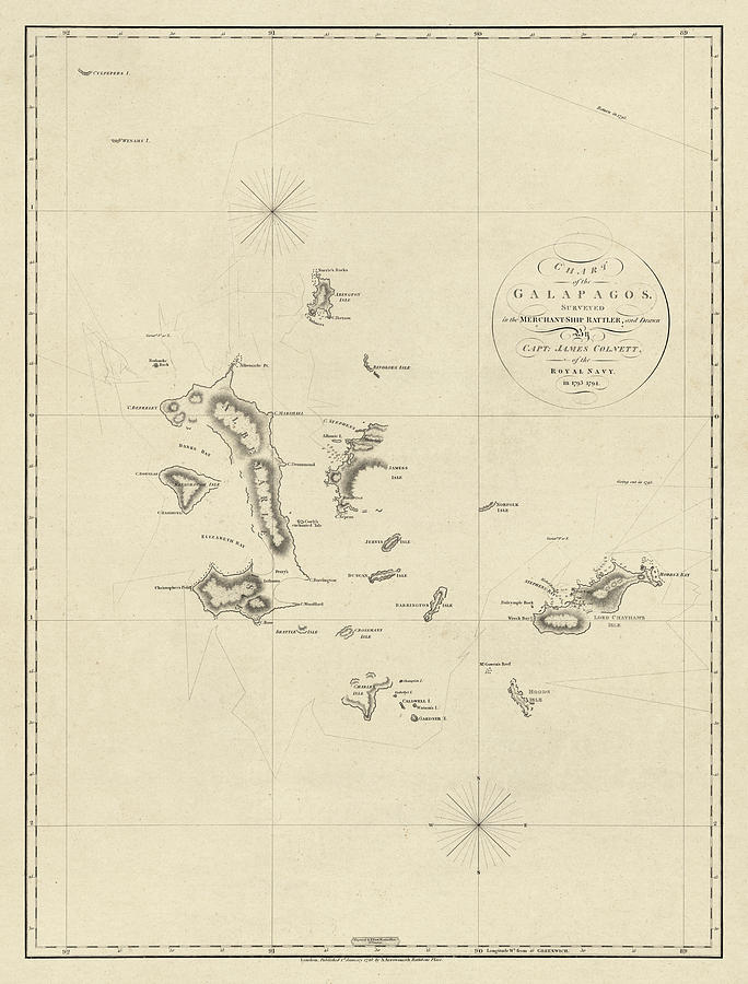Antique Map of the Galapagos Islands by James Colnett - 1798 Drawing by Blue Monocle