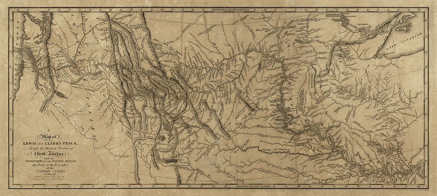 Map Drawing - Antique Map of the Lewis and Clark Expedition by Samuel Lewis - 1814 by Blue Monocle