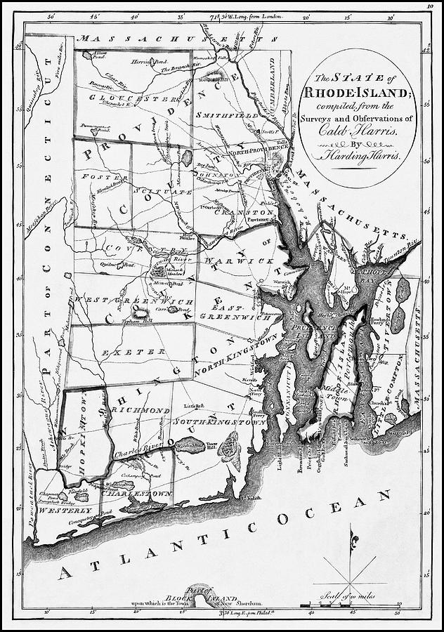 Vintage Photograph - Antique Map State of Rhode Island 1818 Black and White  by Carol Japp