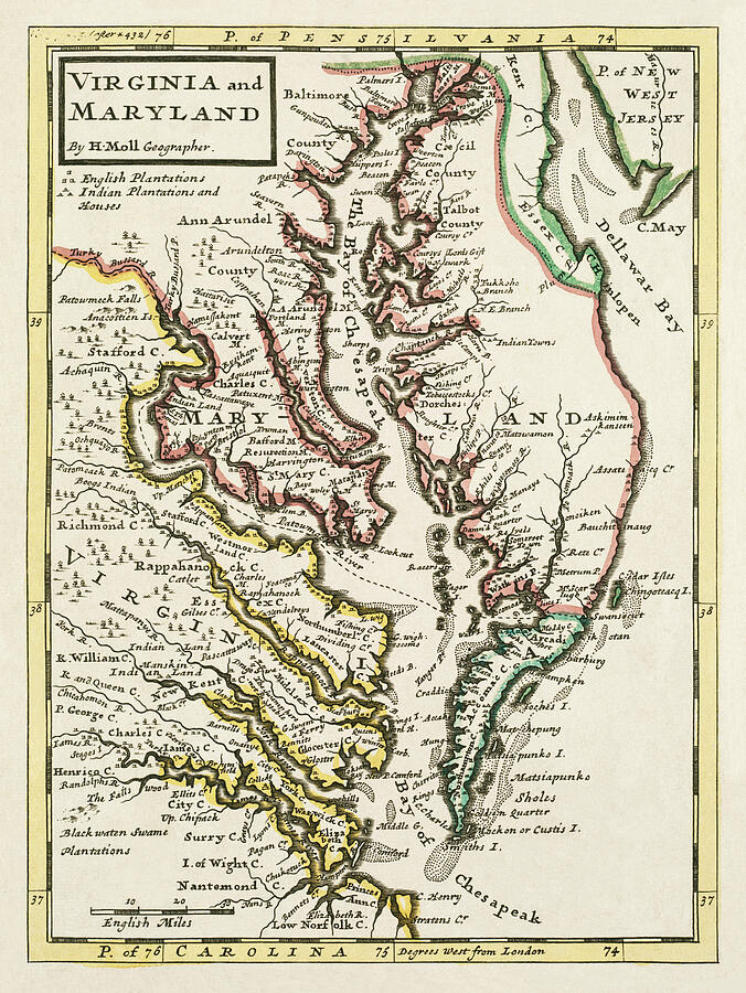 Antique Map Virginia and Maryland 1732 Drawing by Carol Japp Antique Map Virginia and Maryland 1732 Drawing by Carol Japp