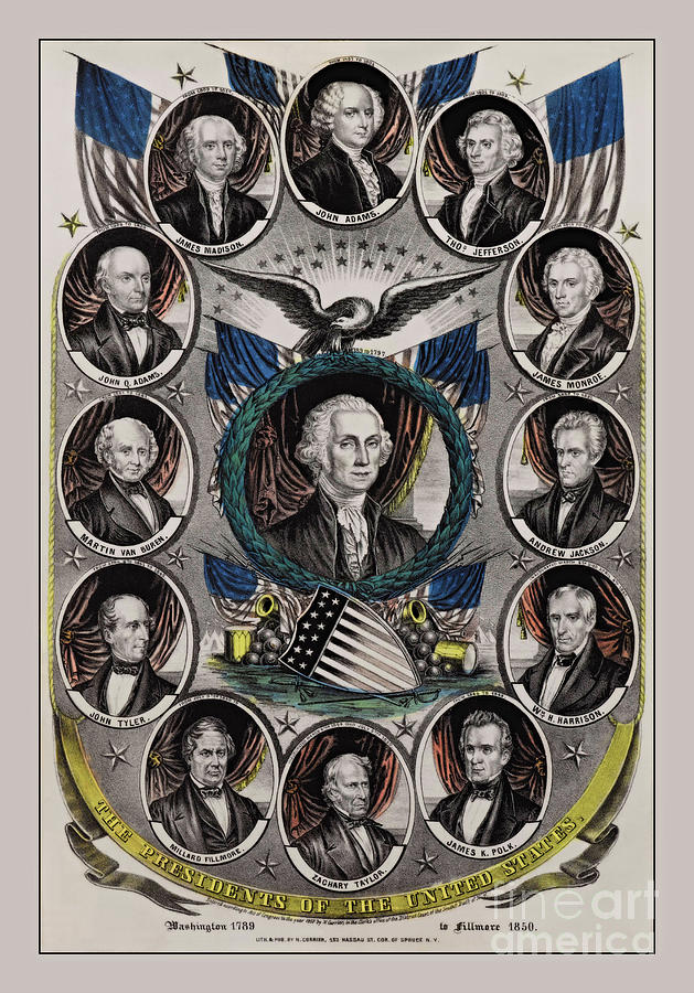 Antique Montage of American Presidents from 1789 to 1850 by Nathaniel Currier #3 Painting by Peter Ogden