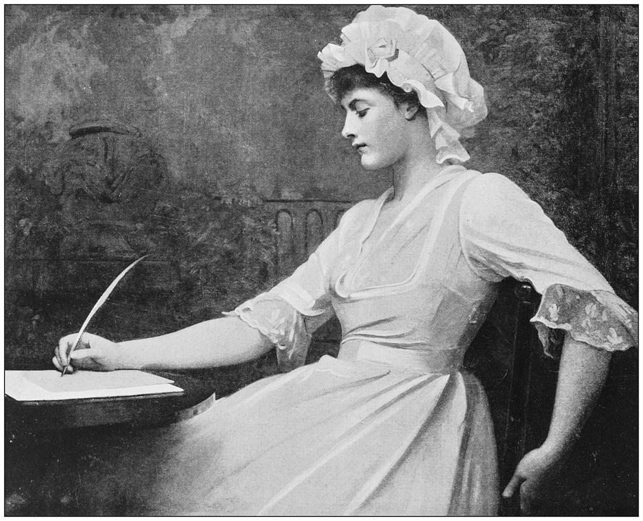 Antique photo of paintings: Woman writing Drawing by Ilbusca