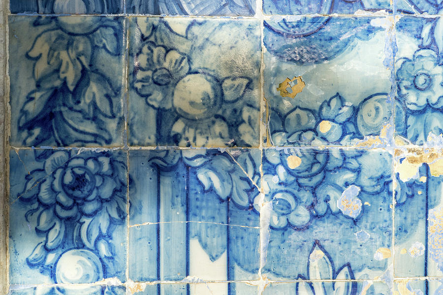 Antique Portuguese Azulejo - Centuries Old Stylized Botanical Garlands Photograph