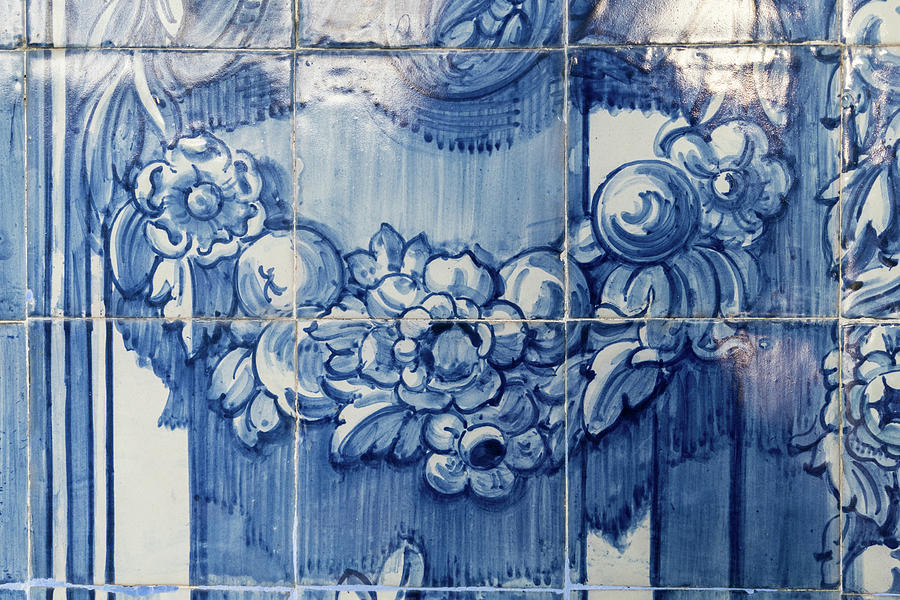 Antique Portuguese Azulejo - Lustrous Stylized Botanical Garlands Photograph by Georgia Mizuleva