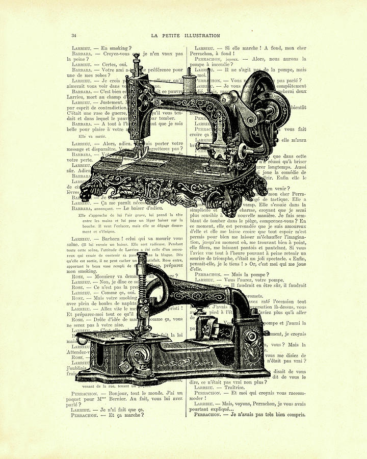 Black And White Digital Art - Antique sewing machines on an antique French book page by Madame Memento