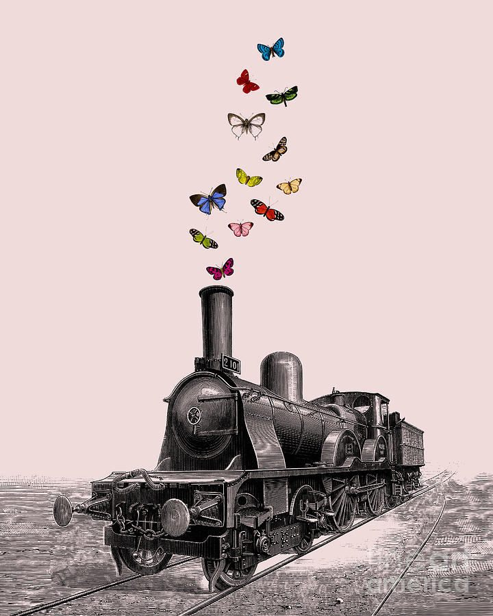 Butterfly Digital Art - Antique Steam Engine With Butterflies by Madame Memento
