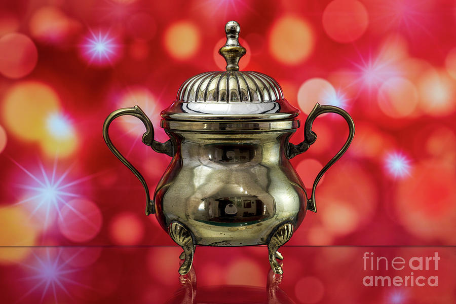 Antique Sugar Bowl Silverware Reflection Bokeh Red and Yellow Background Photograph by Pablo Avanzini