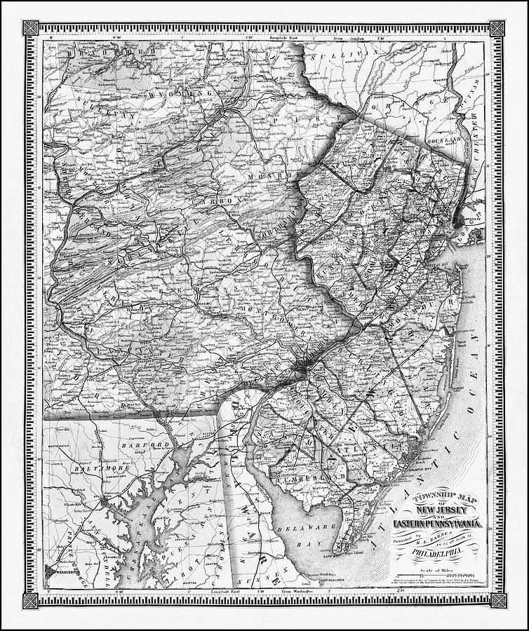 Antique Township Map New Jersey and Eastern Pennsylvania 1864 Black and White  Photograph by Carol Japp