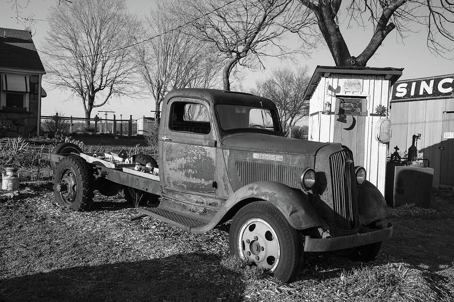Antique truck at Garys Gay Parita on Historic Route 66 in Ash Grove Missouri in BW Photograph by Eldon McGraw