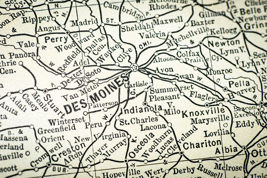 Antique USA map close-up detail: Des Moines, Iowa Drawing by Ilbusca Antique USA map close-up detail: Des Moines, Iowa Drawing by Ilbusca