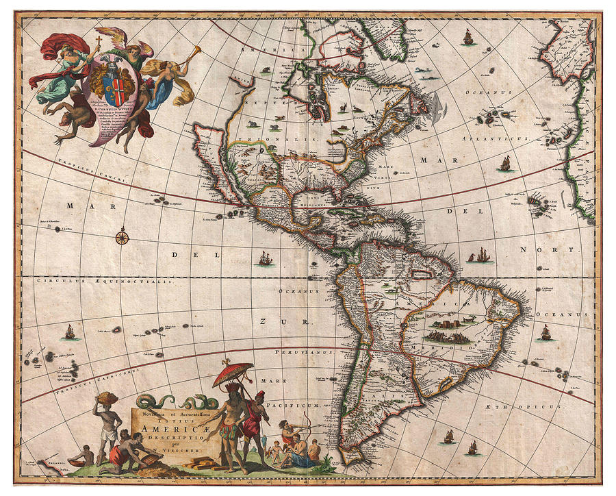 Antique Visscher Map Of South America - Old Cartographic Map - Antique 