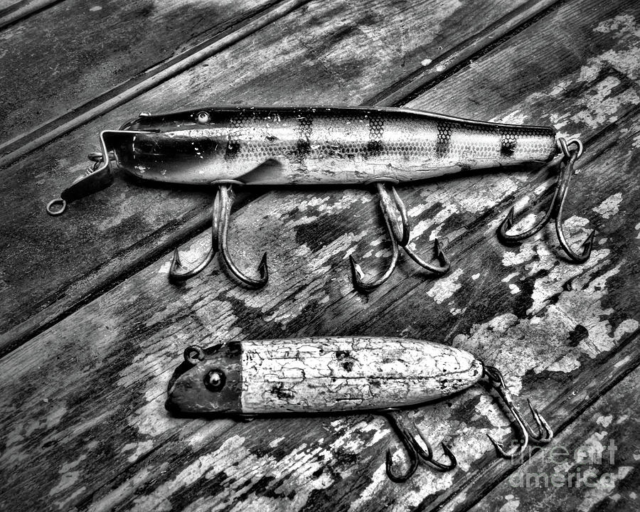 Antique Wood Fishing Lures black and white Photograph by Paul Ward