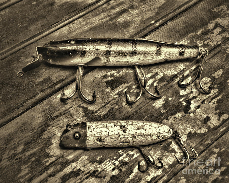 Antique Wood Fishing Lures retro sepia by Paul Ward
