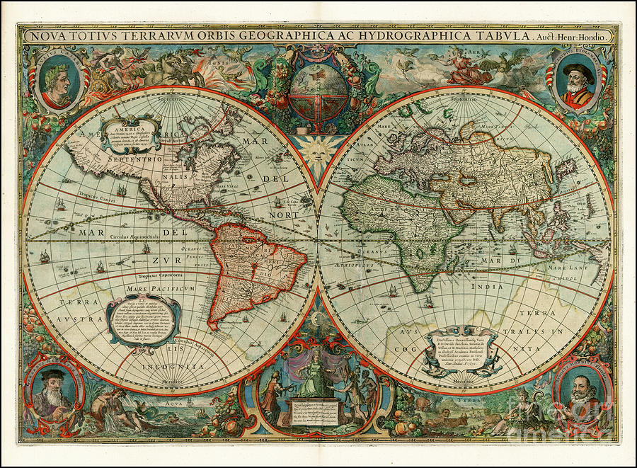 Antique world map double hemisphere by H. Hondius Drawing by Michael ...