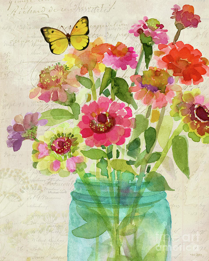 Antique Zinnia and butterfly 1  Painting by Sue Zipkin
