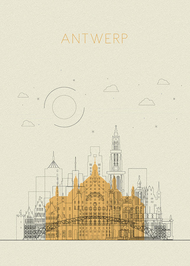 Memento Movie Drawing - Antwerp, Belgium Abstract City Skyline by Inspirowl Design
