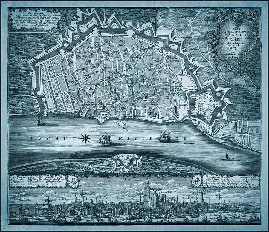 Vintage Photograph - Antwerp Belgium Antique Vintage Map 1730 Blue by Carol Japp
