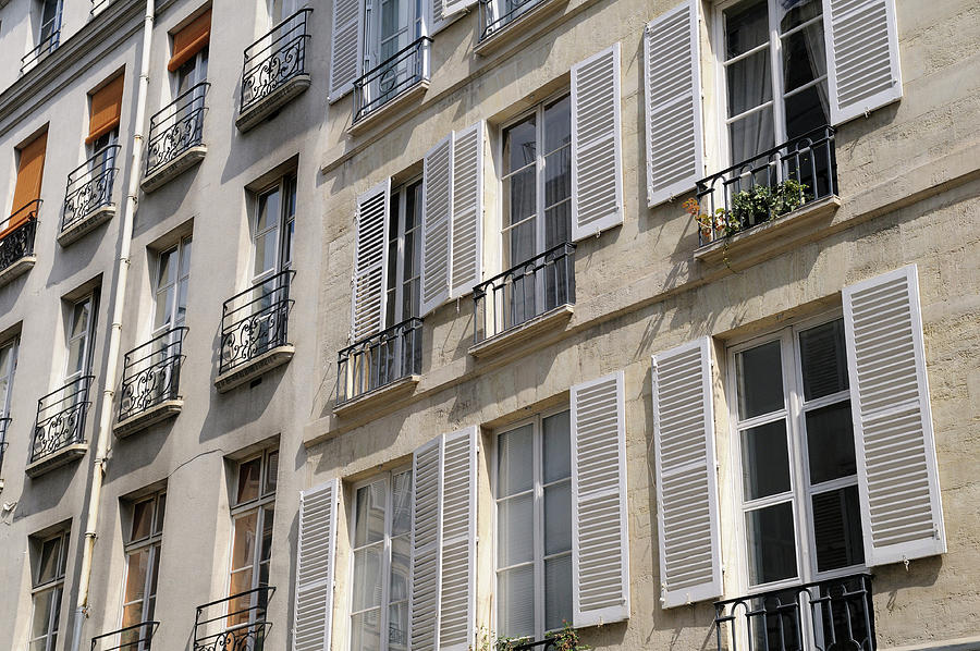 Apartment windows with open shutters and balconies, Paris,Ile-de-France, France Photograph by Kevin Oke