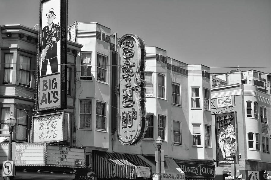 Apartments above San Francisco Red Light District Black and White Photograph by Shawn OBrien
