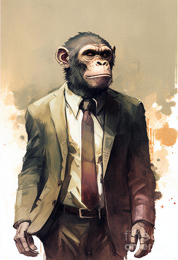 Ape Painting - Ape in Suit Watercolor Hipster Animal Retro Costume by Jeff Creation