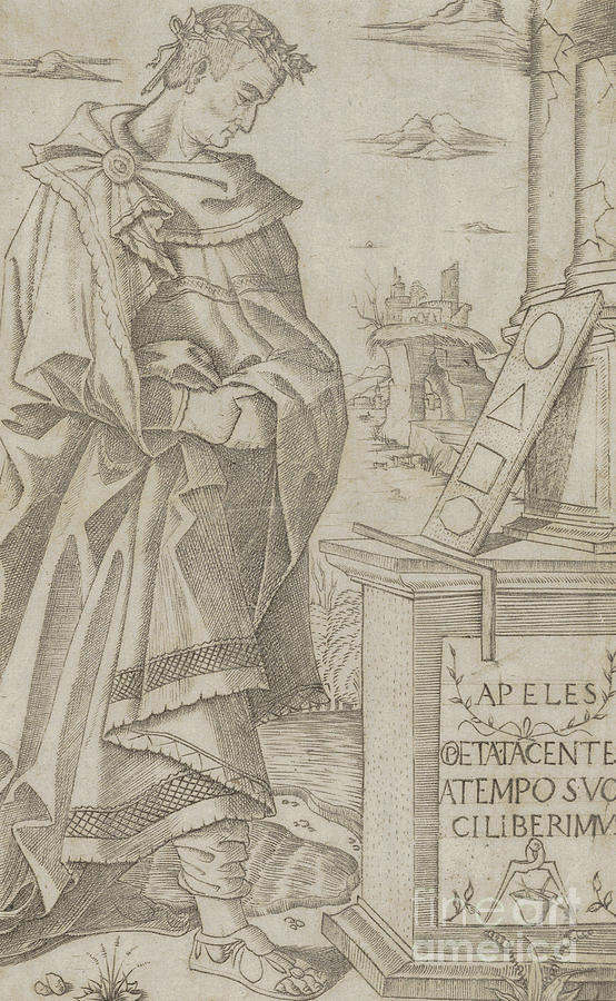 Apelles standing profile looking at a tablet of geometric figures Drawing by Nicoletto da Modena