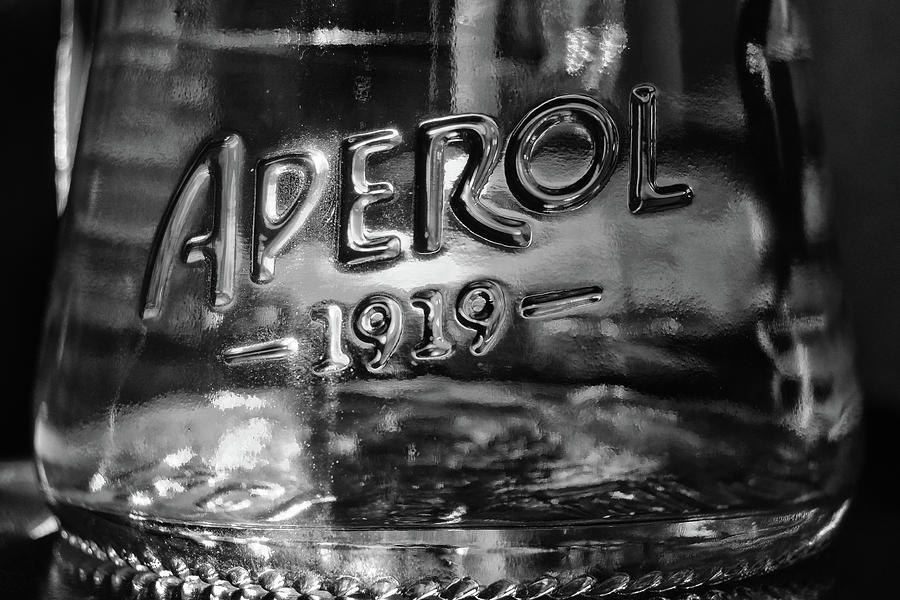 Aperol Aperitif Glass Bottle Sunlit Macro Black and White Photograph by Shawn OBrien