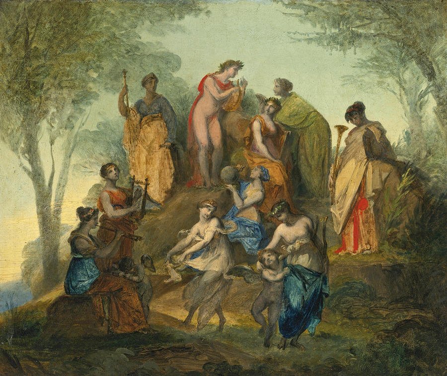 Apollo and the Nine Muses on Mount Parnassus Painting by Attributed to Pierre-Paul Prudhon