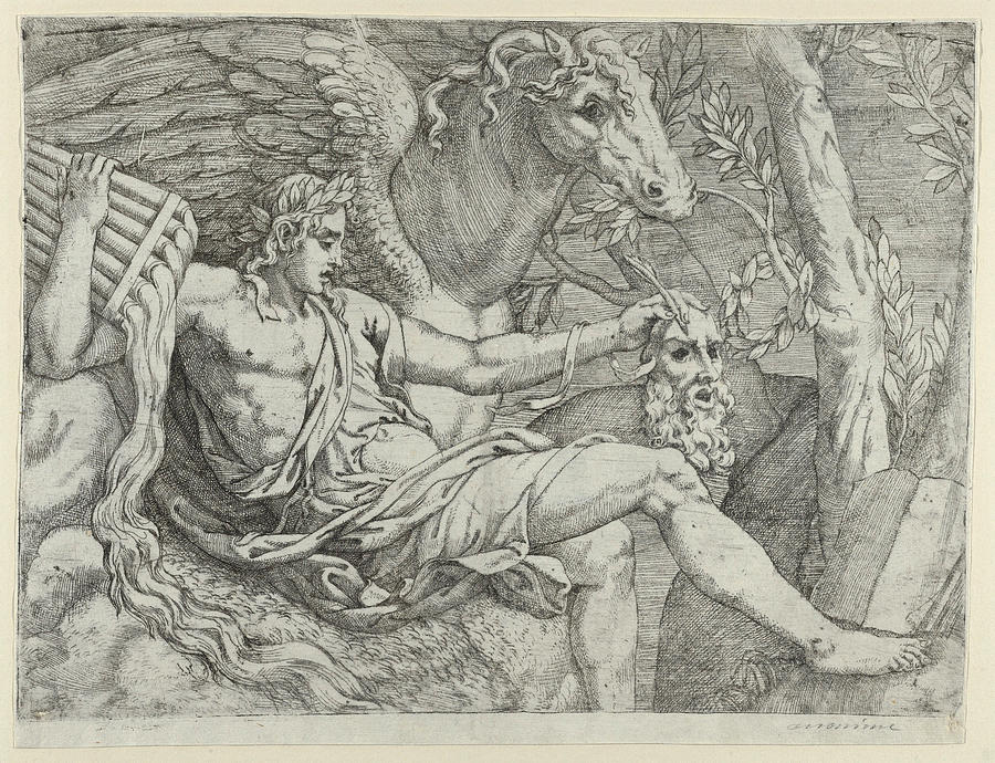 Apollo holding pipes in his right hand accompanied by Pegasus Drawing by Angiolo Falconetto