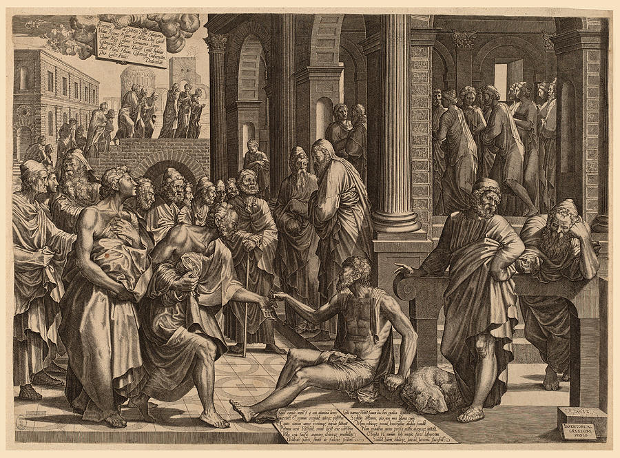 Apostles Peter and John Healing the Paralytic Drawing by Lambert Suavius