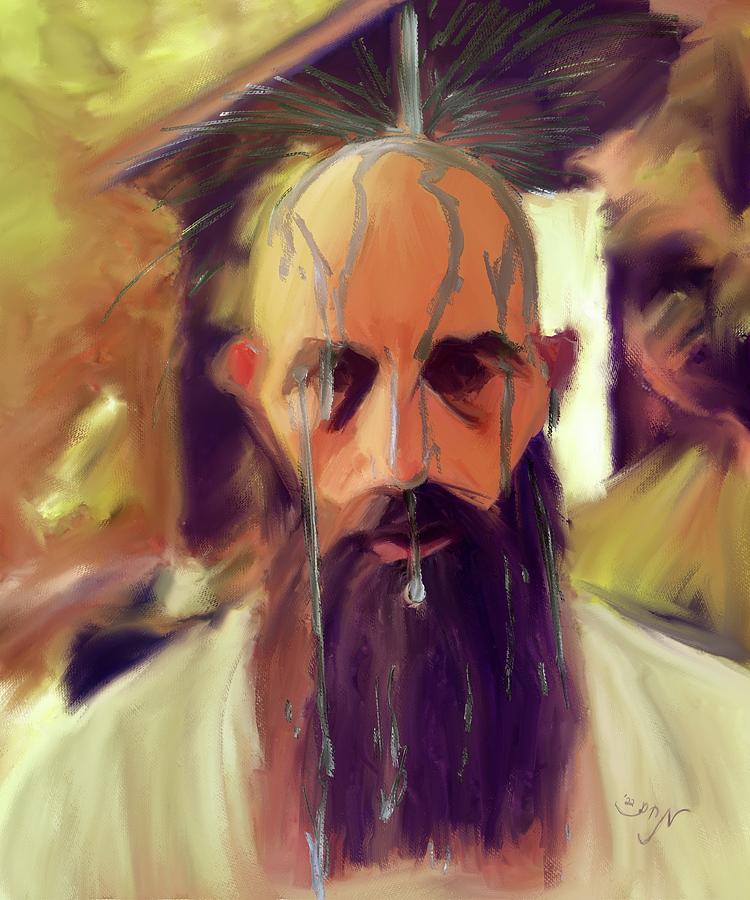 Appalachian old man standing in front of cabin with water pouring on head dripping down face beard Painting by MendyZ